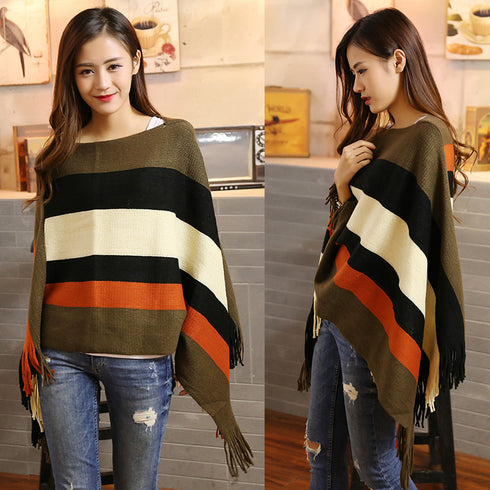 Color Blocking Striped Knitted Women Cape Shawl - ROUTINE FASHION