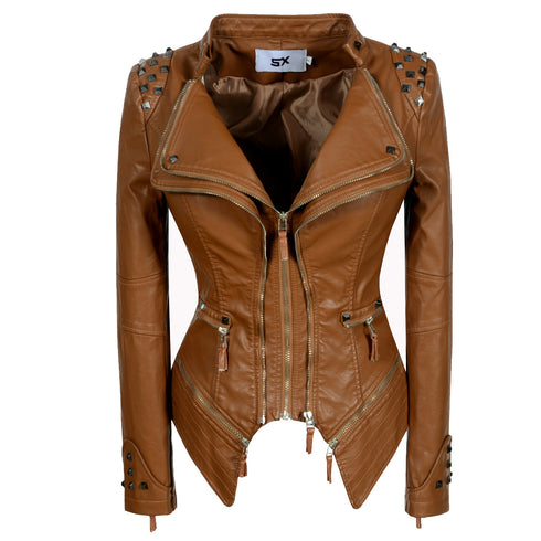 Women's Rivet Slim Washed Leather Motorcycle Jacket - ROUTINE FASHION