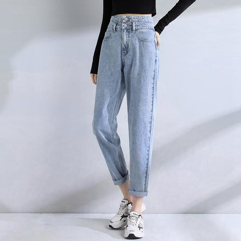 Double Buckle High Waist Loose Slim Jeans Women Covering Meat - ROUTINE FASHION
