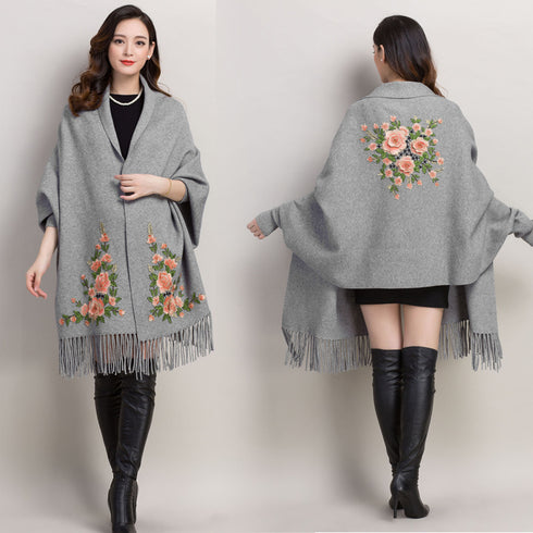 Shawl Women Embroidered Outer Cape Cloak Thick Sweater Coat - ROUTINE FASHION