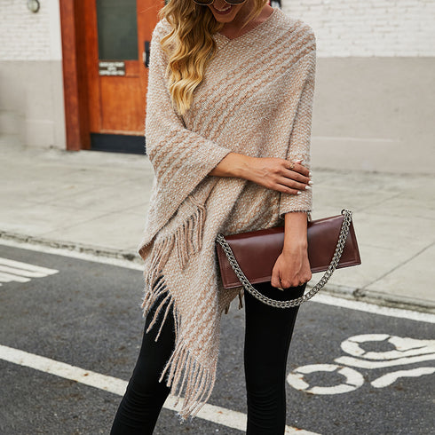 Striped Cape Shawl Fringed Sweater - ROUTINE FASHION