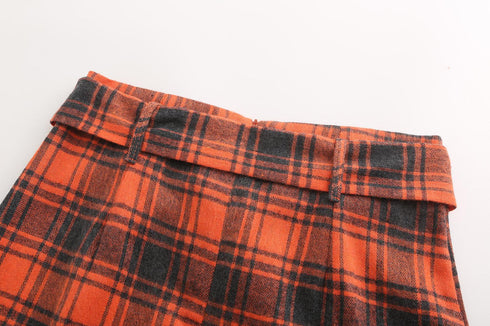 Plaid Midi Wild Belt A-line Skirt - ROUTINE FASHION