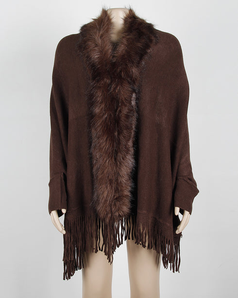 Fringed cloak shawl fur collar cape cardigan women - ROUTINE FASHION