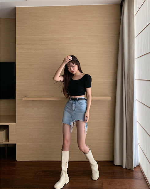 Denim Skirt Women Retro Irregular High Waist - ROUTINE FASHION