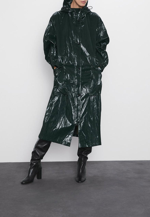Women's pleated shiny parka casual long trench coat - ROUTINE FASHION