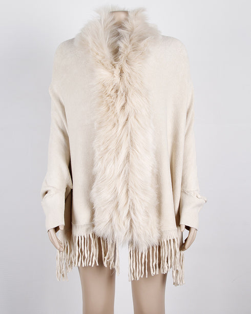 Fringed cloak shawl fur collar cape cardigan women - ROUTINE FASHION