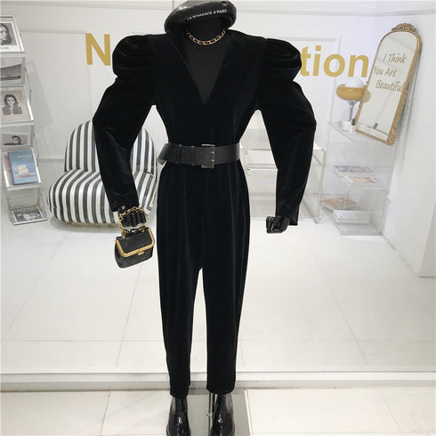 Puff sleeve velvet V-neck jumpsuit women - ROUTINE FASHION