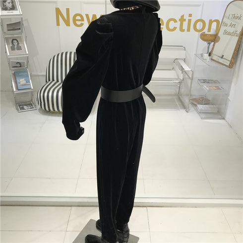 Puff sleeve velvet V-neck jumpsuit women - ROUTINE FASHION