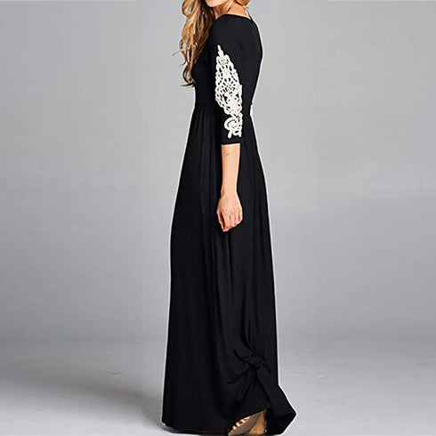 Round Neck Long Sleeve Lace Waist Maxi Skirt - ROUTINE FASHION