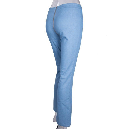 Zipper skinny jeans woman sexy light blue stretch denim pants club vintage bell bottom flare pants - ROUTINE FASHION