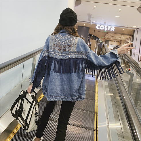 Embroidered denim jacket women loose net red tassel jacket - ROUTINE FASHION