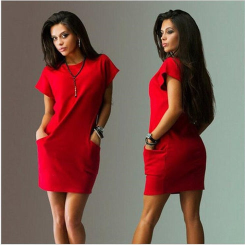 Summer Fashion Women Clothing Casual Short Sleeve O-Neck Black Blue Dresses Slim Pocket Bodycon T Shirt Dress - ROUTINE FASHION