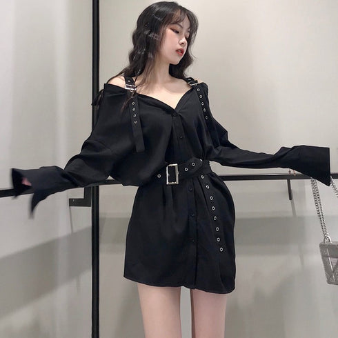 One-shoulder blouse mid-length shirt skirt - ROUTINE FASHION