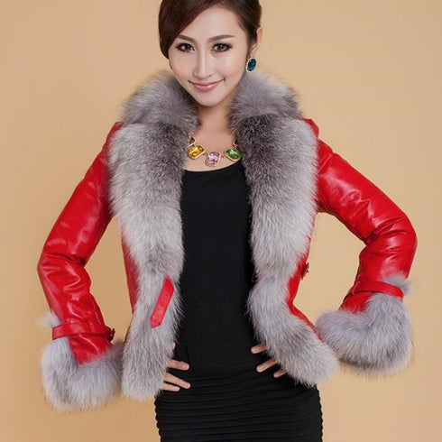 Best-selling Autumn  Winter Jacket Woman Fur Coat Fashion  Fox Fur Collar Women Coat Slim Short PU Leather Coat - ROUTINE FASHION