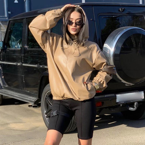 Women's Leather Versatile Round Neck Hoodie - ROUTINE FASHION