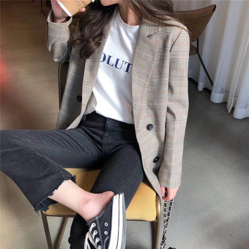 Collar Plaid Women Blazer - ROUTINE FASHION