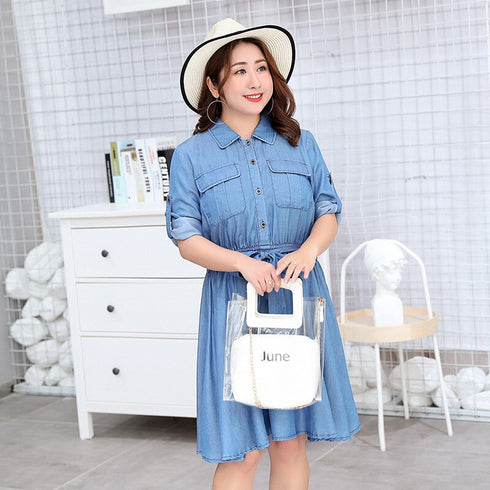 Tencel Denim Simple Plus Size Women's Long Sleeve Dress Denim Plus Size Skirt - ROUTINE FASHION