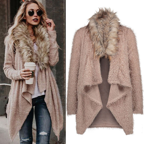 Fur collar cardigan plush trench coat - ROUTINE FASHION