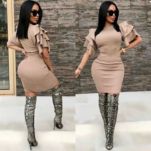 Round neck lotus sleeve pencil skirt - ROUTINE FASHION