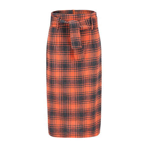 Plaid Midi Wild Belt A-line Skirt - ROUTINE FASHION