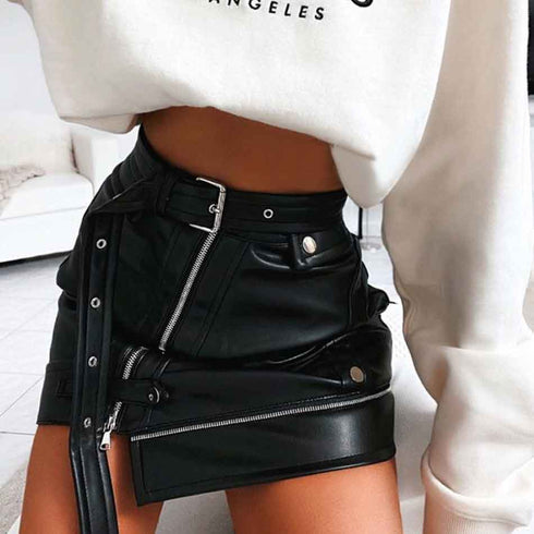 Irregular belt motorcycle leather skirt - ROUTINE FASHION