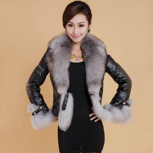 Best-selling Autumn  Winter Jacket Woman Fur Coat Fashion  Fox Fur Collar Women Coat Slim Short PU Leather Coat - ROUTINE FASHION