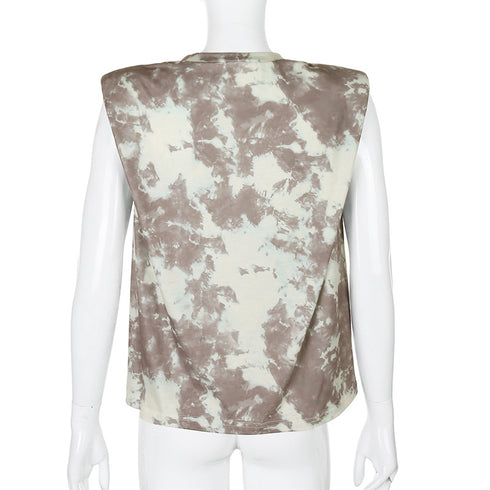 Tie-dyed shoulder pads casual T-shirt vest women - ROUTINE FASHION