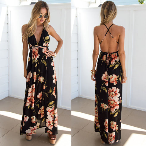 Sleeveless printed low-cut halter strap maxi skirt - ROUTINE FASHION