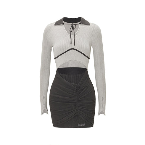 Women's Fashion Chicken Heart Collar Color Blocking High Elasticity Slim Long-sleeved Dress - ROUTINE FASHION