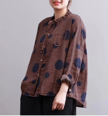 Casual Polka Dot Print Stand Collar Loose Women Blouses - ROUTINE FASHION