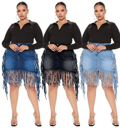 Women's Spring Denim Skirt With Fringe - ROUTINE FASHION