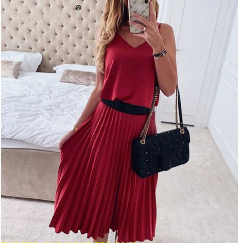 Solid Color Pleated Maxi Skirt With Sexy Suspenders - ROUTINE FASHION