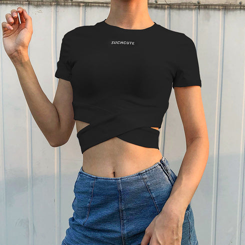 Cross straps exposed navel t-shirt women - ROUTINE FASHION