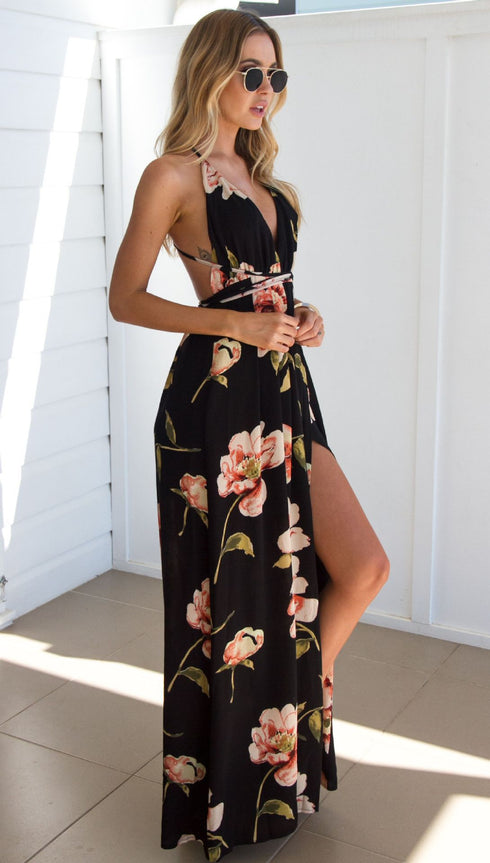 Sleeveless printed low-cut halter strap maxi skirt - ROUTINE FASHION