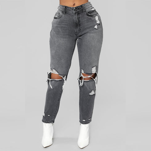 Ripped big hole fashion Jeans Women High Waist skinny pencil Denim Pants Elastic Stretch sexy slim fit gray Jeans women S-2XL - ROUTINE FASHION