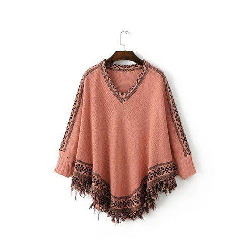 Fringed Cape Jacket With Hem Solid Color Sweater Shawl Sweater - ROUTINE FASHION
