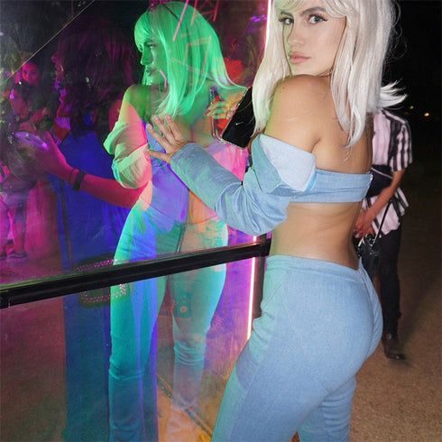 Zipper skinny jeans woman sexy light blue stretch denim pants club vintage bell bottom flare pants - ROUTINE FASHION