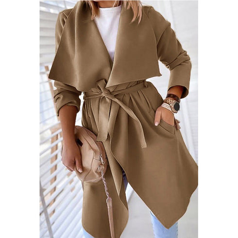 Lapel solid color long trench coat - ROUTINE FASHION