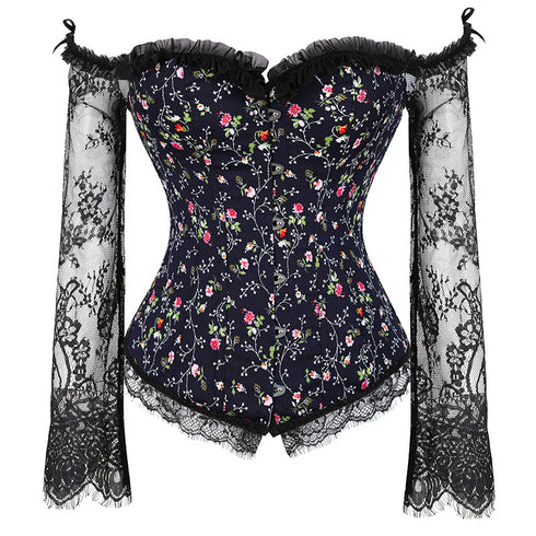 Sexy Lingerie Women Corset Bustier Top Overbust Sexy Nightclub Clothing Steampunk Gothic Lace Long Sleeves Corsets Costume - ROUTINE FASHION