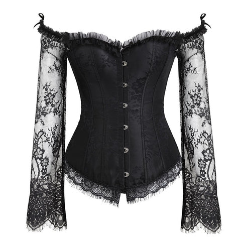 Sexy Lingerie Women Corset Bustier Top Overbust Sexy Nightclub Clothing Steampunk Gothic Lace Long Sleeves Corsets Costume - ROUTINE FASHION