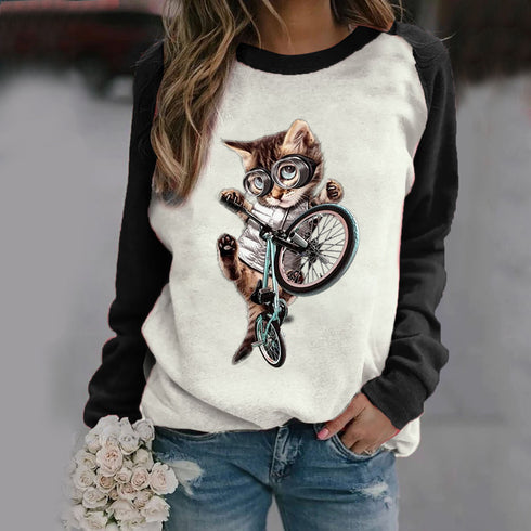 Printed Cat Long Sleeve T-Shirt Women - ROUTINE FASHION
