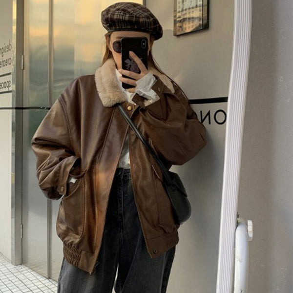 Women's Fashion Retro Leather Warm Jacket - ROUTINE FASHION