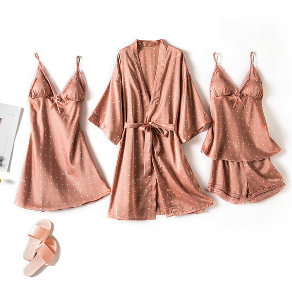 Print Dot Lady Nightwear Satin 4PCS Pajamas Set For Women - ROUTINE FASHION