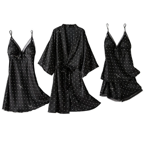Print Dot Lady Nightwear Satin 4PCS Pajamas Set For Women - ROUTINE FASHION
