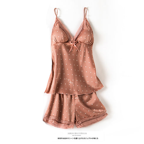 Print Dot Lady Nightwear Satin 4PCS Pajamas Set For Women - ROUTINE FASHION