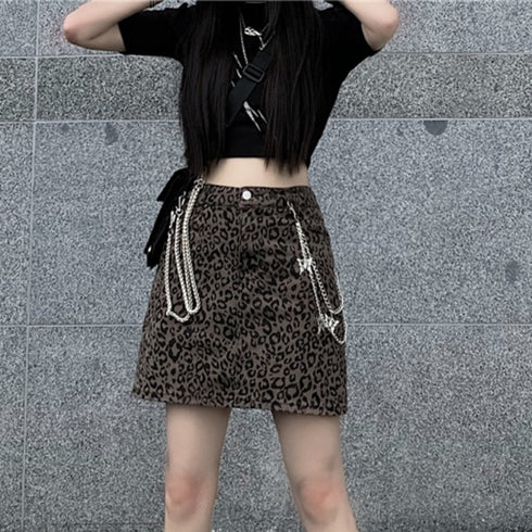 Harajuku Style Retro Denim Skirt High Waist Leopard Print Skirt Women - ROUTINE FASHION