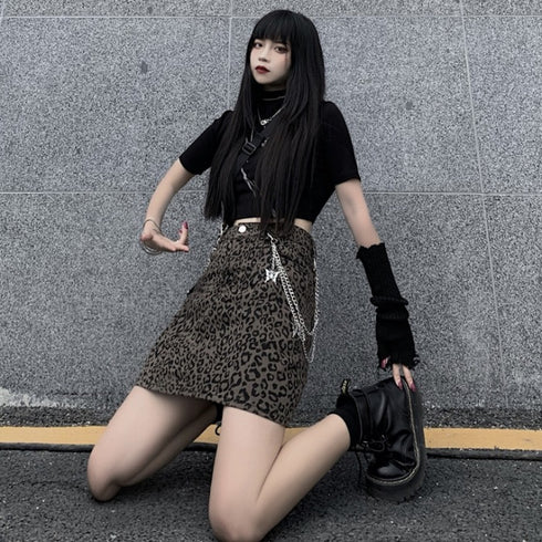 Harajuku Style Retro Denim Skirt High Waist Leopard Print Skirt Women - ROUTINE FASHION