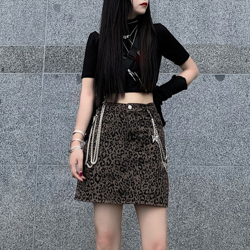 Harajuku Style Retro Denim Skirt High Waist Leopard Print Skirt Women - ROUTINE FASHION