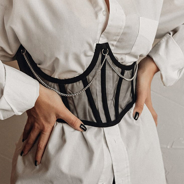 Punk Metal Chain Black Corset Mall Goth High Waist Corsets Harajuku Vintage Mesh See Through Waist Shaper Women Corsets - ROUTINE FASHION
