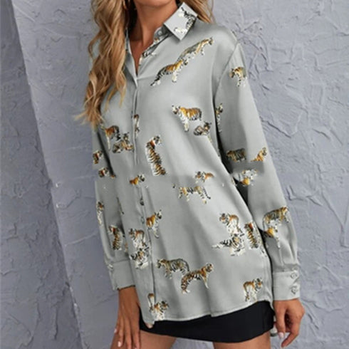 Tiger Pattern Printed Long-Sleeved Shirt Top Women - ROUTINE FASHION